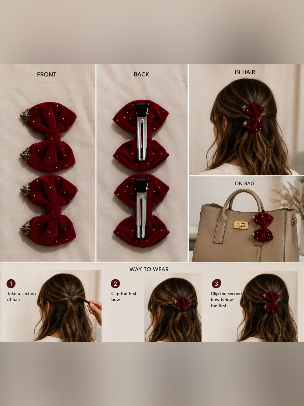Velvet Crystal Bow Hair Clip - Red